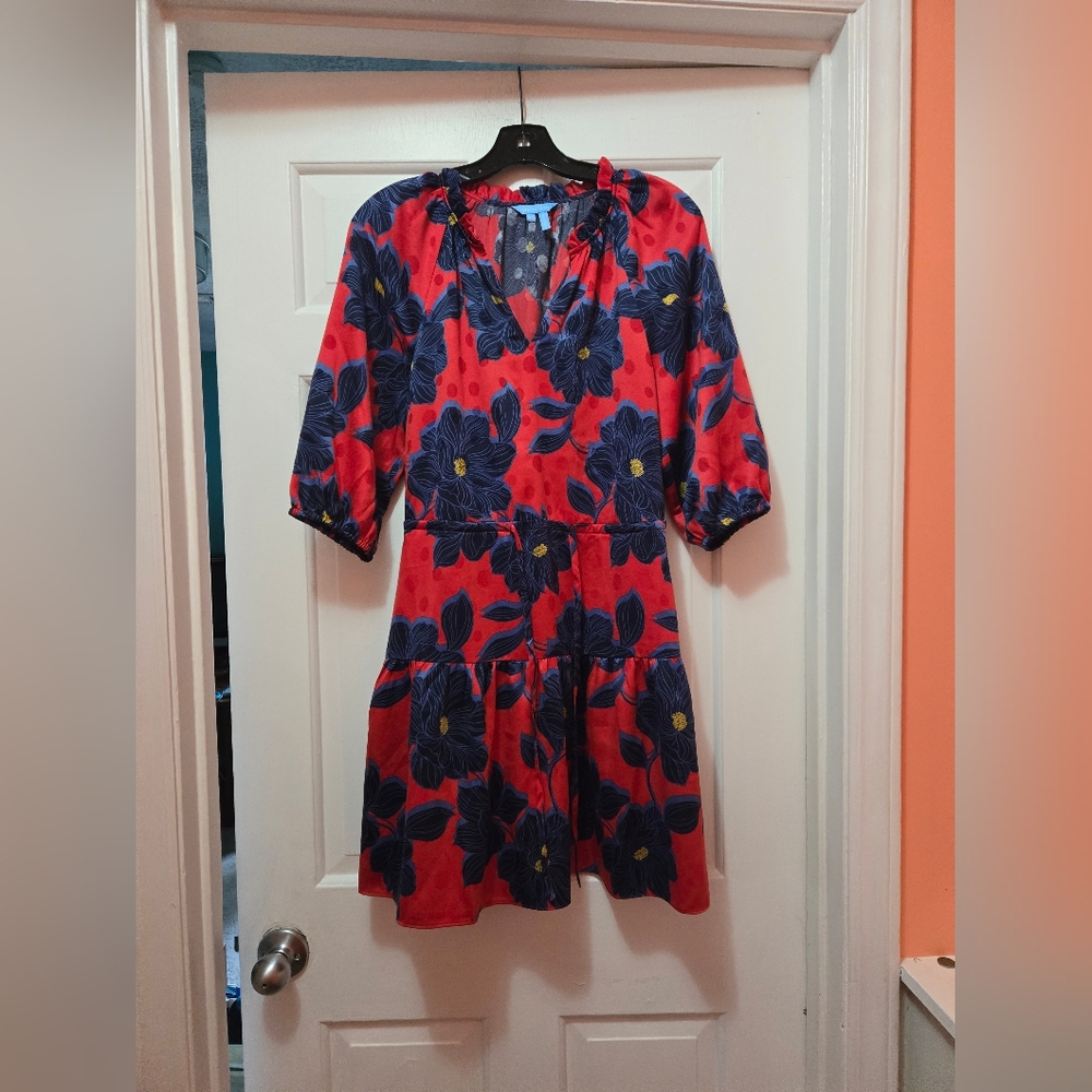 Draper James Red Floral Dress with Navy Blooms